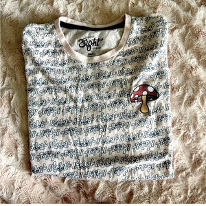 Eighty Eight Brand Graphic Tee w colorful red embroidered mushroom. SZ: S EUC